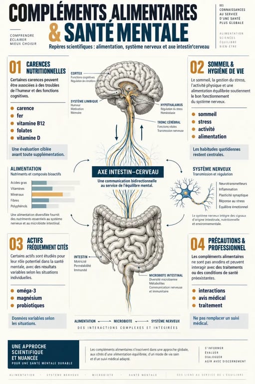 Infographie sur les compléments alimentaires et la santé mentale, les actifs cités et les précautions