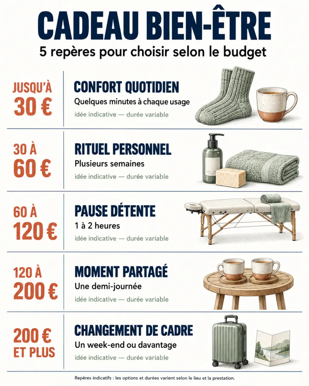 Infographie des idées de cadeau bien être femme classées par budget, durée et bénéfice