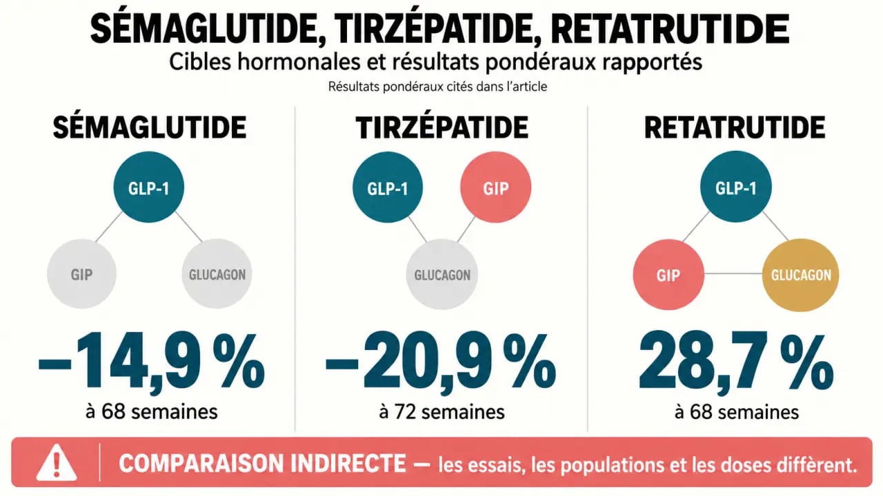 Reta perte de poids : comparaison visuelle du retatrutide avec le sémaglutide et le tirzépatide