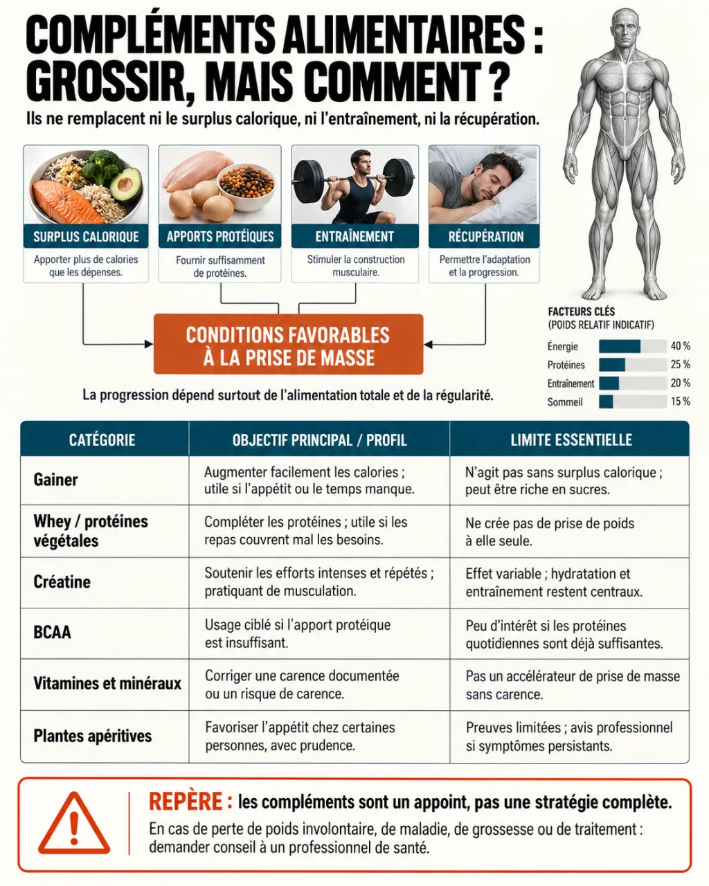 Infographie sur les compléments alimentaires pour grossir : gainer, protéines, créatine et limites