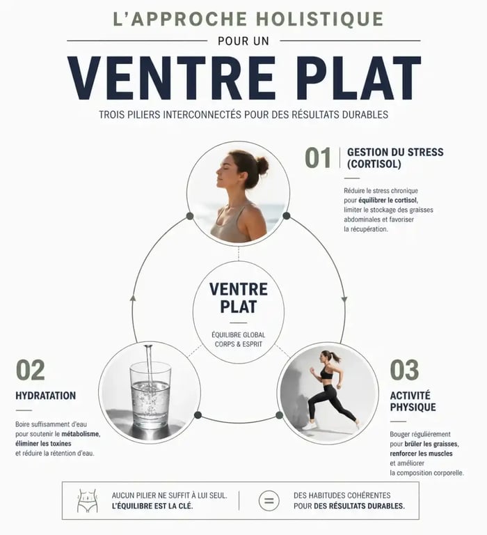 Infographie sur l'approche holistique et l'hygiène de vie pour compléter l'effet des gélules minceur ventre plat