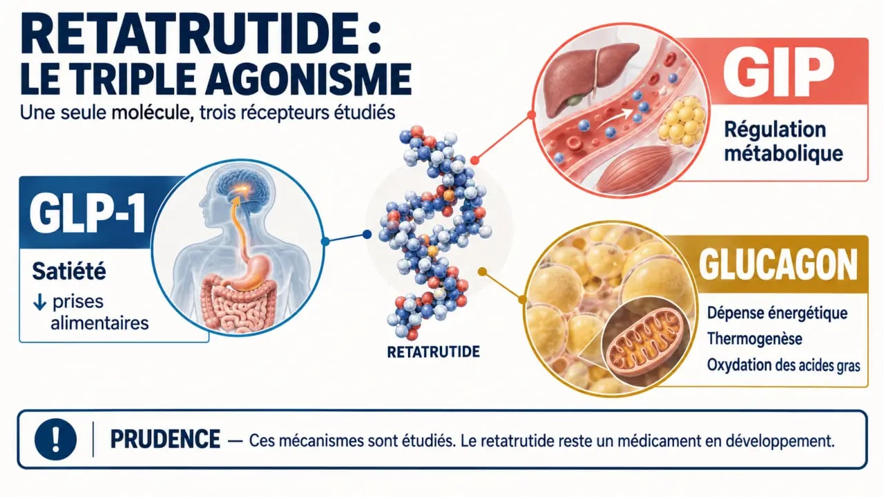Reta perte de poids : schéma du triple agonisme GLP-1, GIP et glucagon