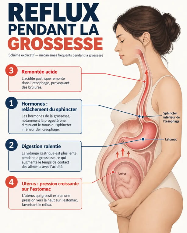 Schéma expliquant les causes de la brulure estomac grossesse et du reflux acide