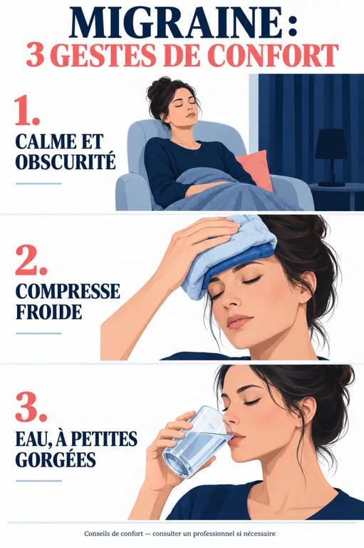 Trois gestes pour soulager la migraine naturellement et rapidement : calme, compresse froide et hydratation