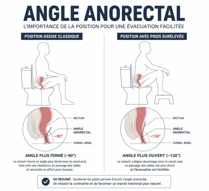 Comment faire sortir un caca bloqué rapidement position : schéma de l’angle anorectal et de la posture accroupie