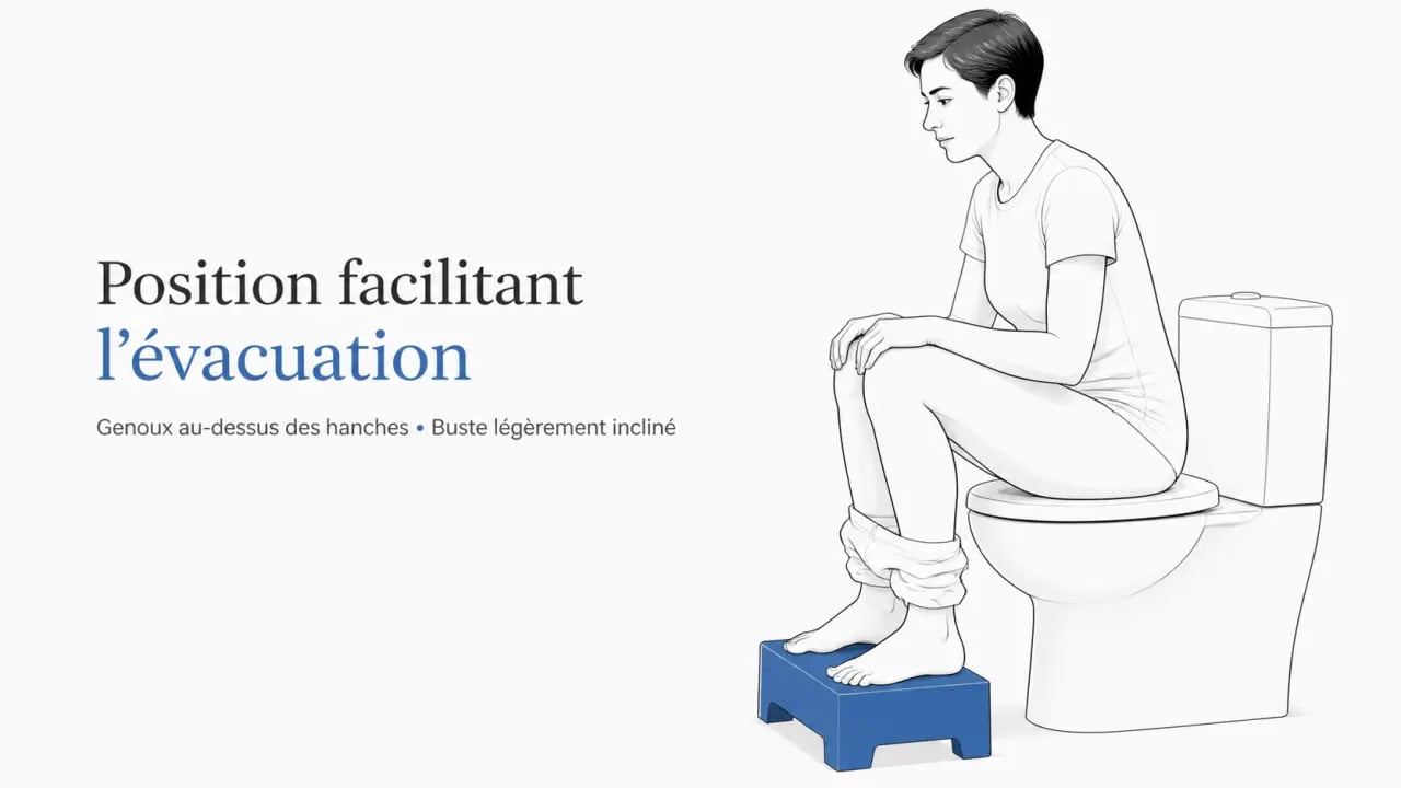 Comment faire sortir un caca bloqué rapidement position : posture accroupie sur les toilettes avec repose-pieds