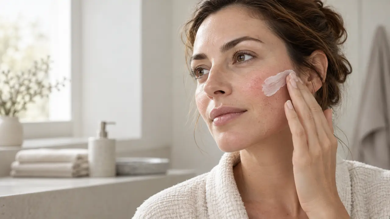 Espace de travail de pharmacie avec soins dermatologiques et carnet médical