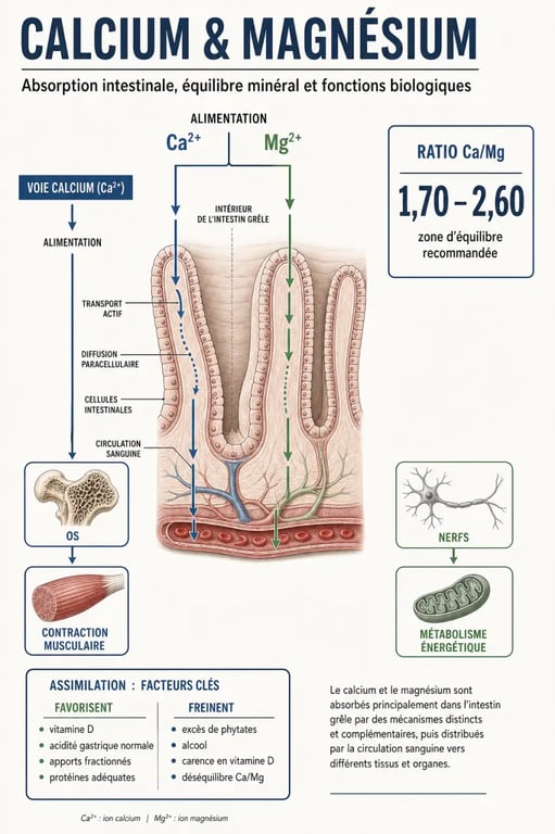 Schéma du calcium et magnésium montrant le ratio Ca/Mg, l’absorption et l’équilibre physiologique