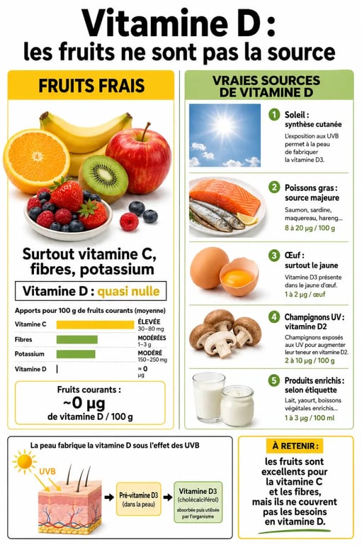 Vitamine d fruit : infographie montrant que les fruits frais apportent presque pas de vitamine D, face aux vraies sources comme le soleil, les poissons gras, les œufs et les champignons UV.