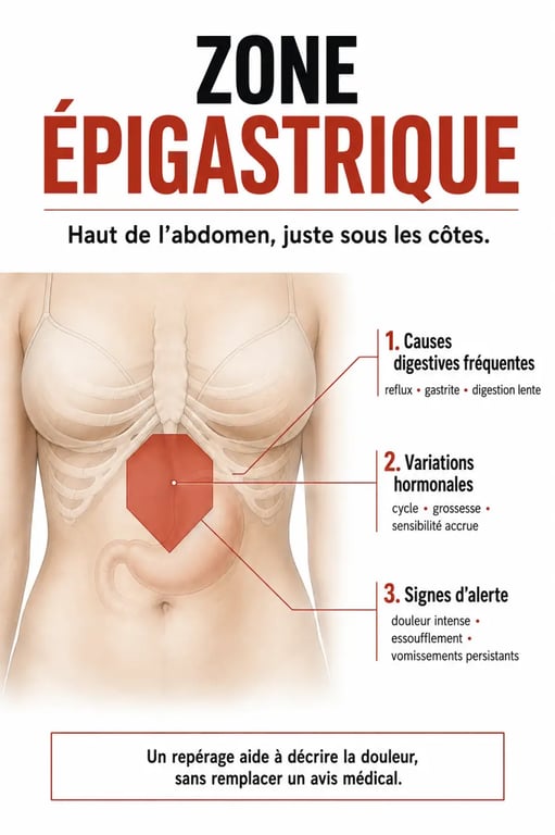 Schéma du ventre gonflé sous la poitrine femme montrant la zone épigastrique et les causes possibles