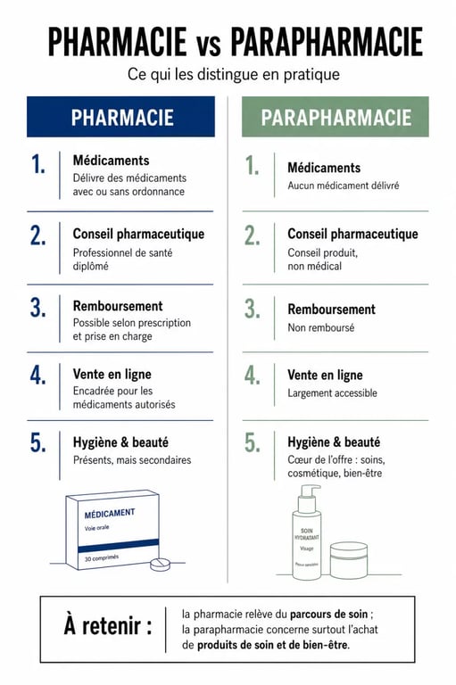 Différence entre pharmacie et parapharmacie dans un comparatif visuel