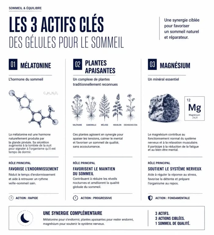 Infographie des actifs des gélules sommeil : mélatonine, plantes apaisantes et magnésium