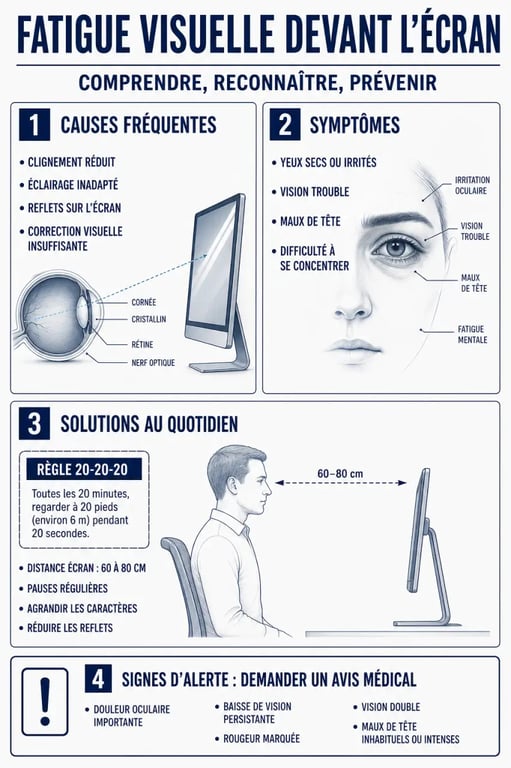 Fatigue visuelle : causes, symptômes, solutions et signes d’alerte