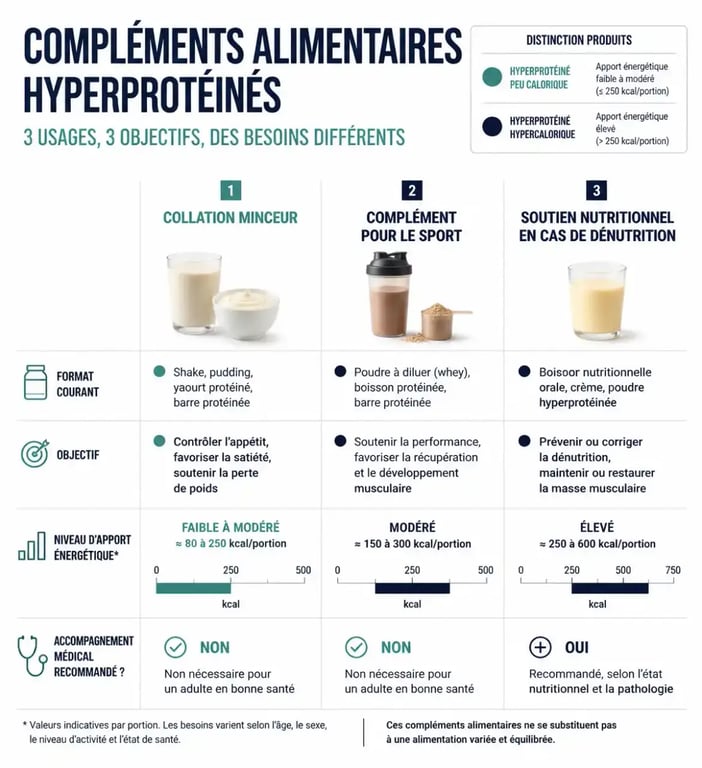 Comparaison des compléments alimentaires hyperprotéinés selon l’usage, les calories et l’accompagnement nécessaire