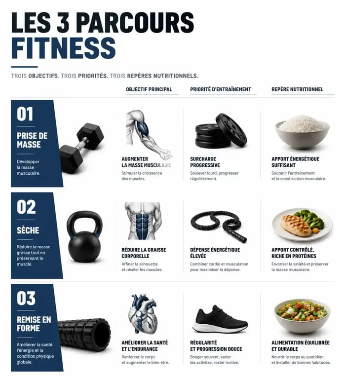 Infographie Actufitness des parcours prise de masse, sèche et remise en forme