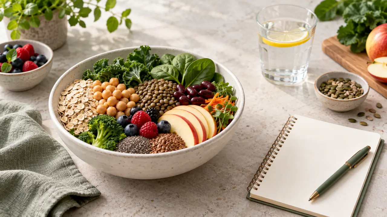 Aliments riches en fibres disposés sur une table claire