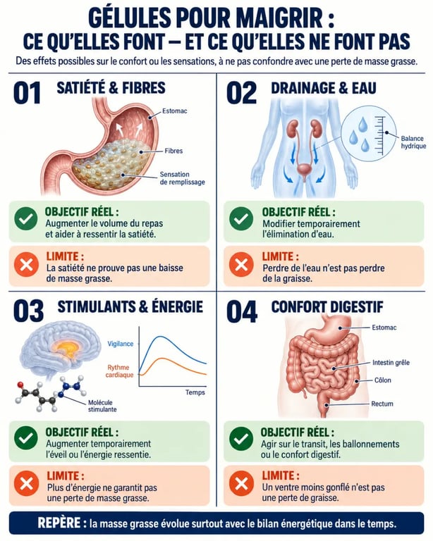 Gélule pour maigrir : infographie des objectifs, actifs et précautions