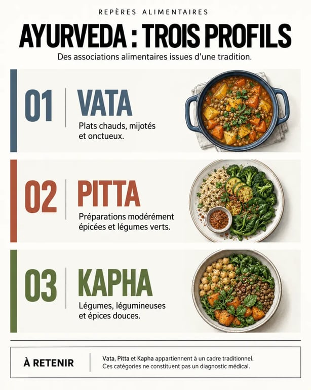 Infographie sur l’ayurveda alimentation et les repères alimentaires des profils Vata, Pitta et Kapha