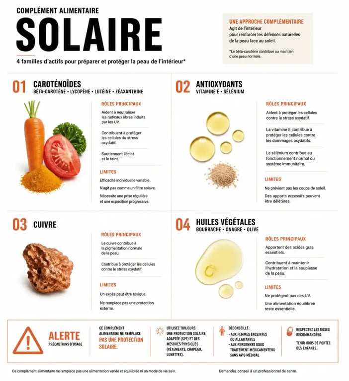 Complément alimentaire solaire : comparaison visuelle des actifs clés, de leurs rôles et des précautions