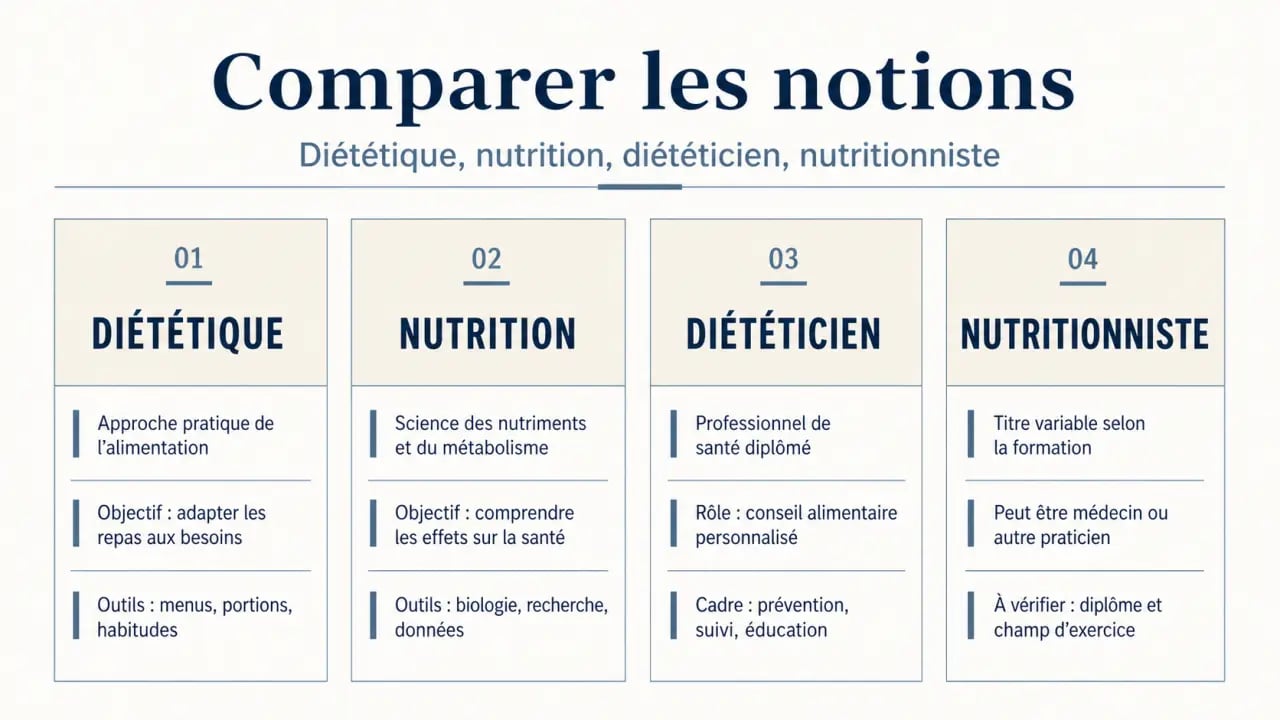 Diététique : comparaison visuelle entre diététique, nutrition, diététicien et nutritionniste