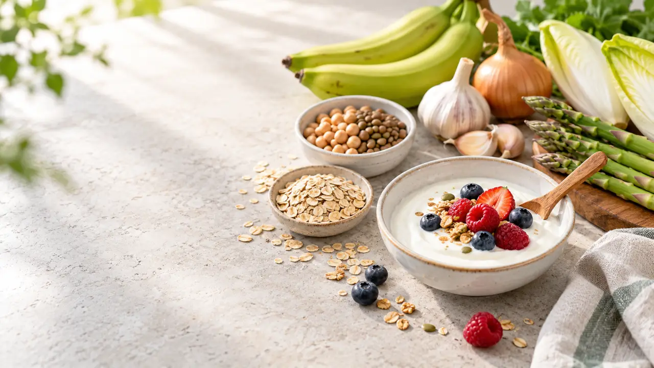 Aliments riches en fibres et complément probiotique, évoquant l'équilibre du microbiote intestinal