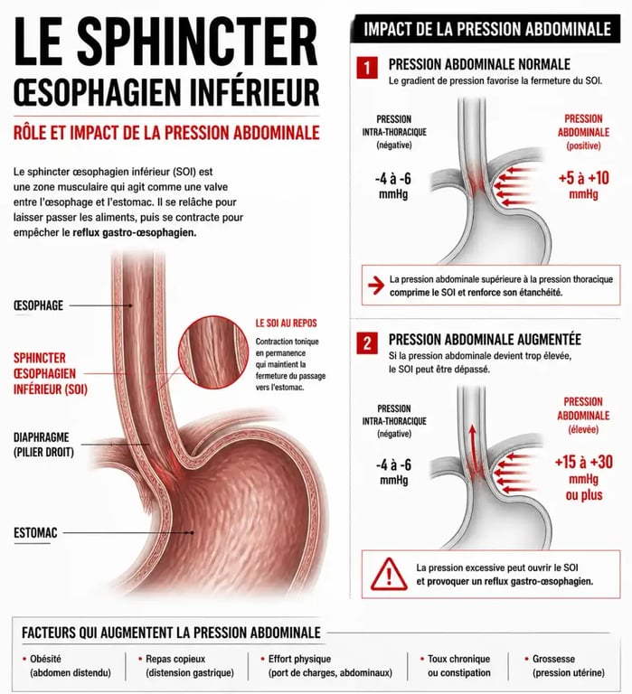 Schéma explicatif du reflux gastrique et des aliments à éviter pour limiter les brûlures d'estomac