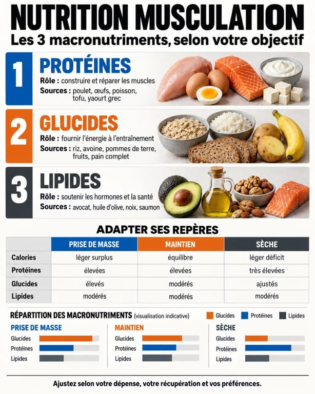 Infographie sur la nutrition pour musculation : protéines, glucides et lipides selon l’objectif
