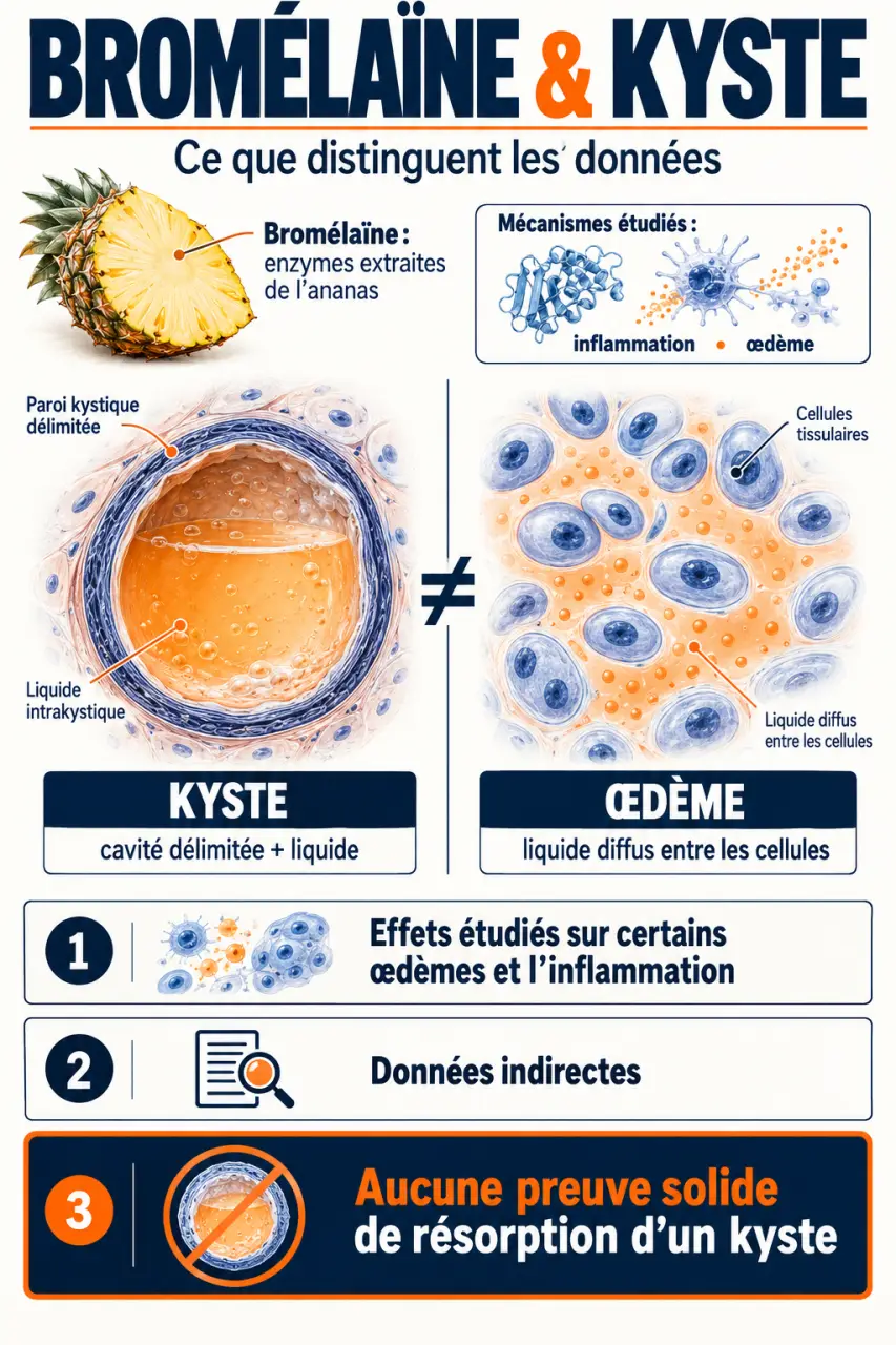 Infographie sur la bromélaïne et un kyste distinguant une cavité kystique d’un œdème