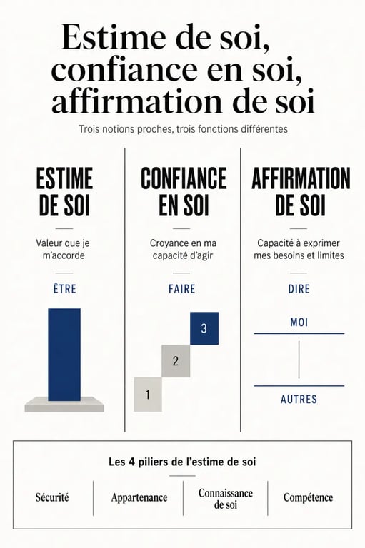 Estime de soi confiance en soi : schéma comparatif des différences, des liens et des 4 piliers