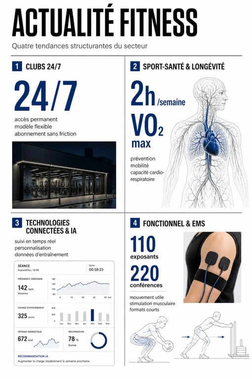 Actualité fitness : visuel éditorial des tendances 24/7, sport-santé, IA et entraînement fonctionnel