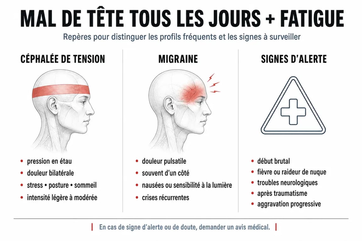 Mal de tête tous les jours et fatigue : comparaison visuelle entre céphalée de tension, migraine et signes d’alerte