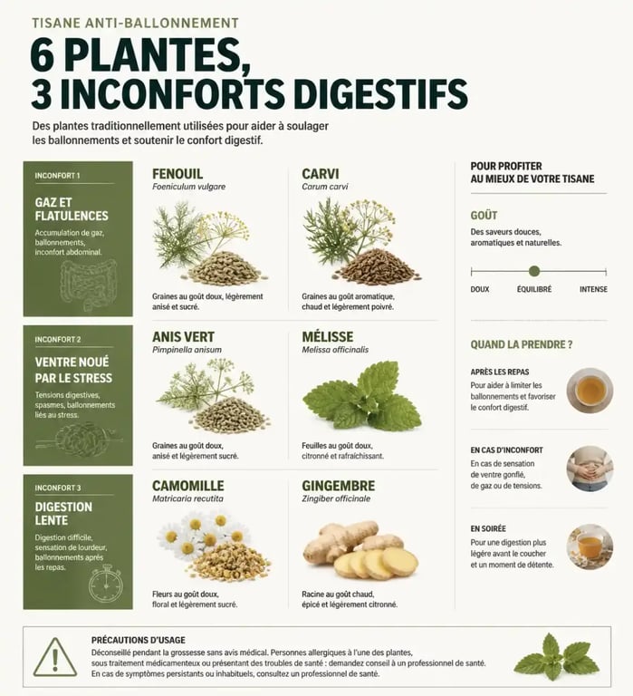 Infographie sur la tisane anti-ballonnement efficace et les plantes digestives à choisir selon les symptômes