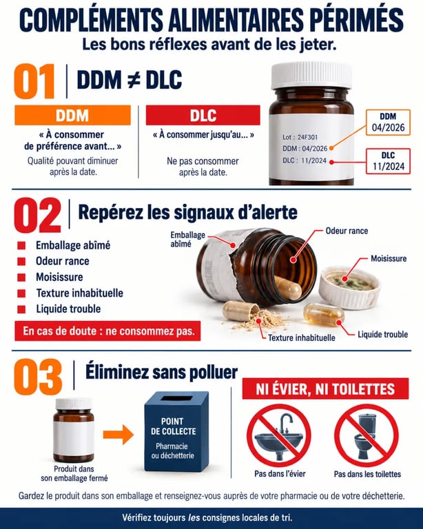 Infographie que faire des compléments alimentaires périmés : DDM, signes d’alerte et élimination
